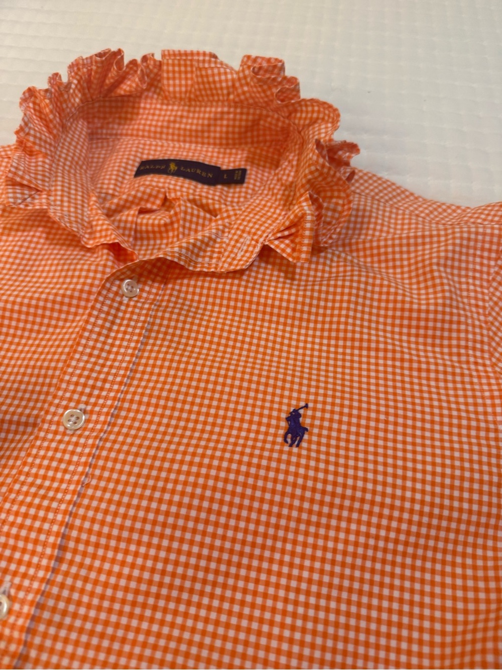 Upcycled Men’s Ralph Lauren Orange Gingham Ruffle-Collar Button Shirt - Picture 6 of 8
